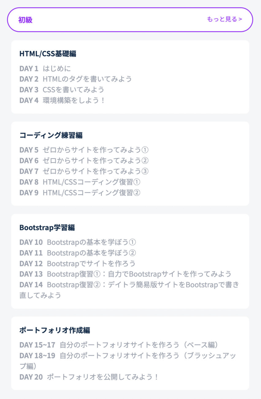 デイトラのWeb制作コース「初級編」の全日程のカリキュラム