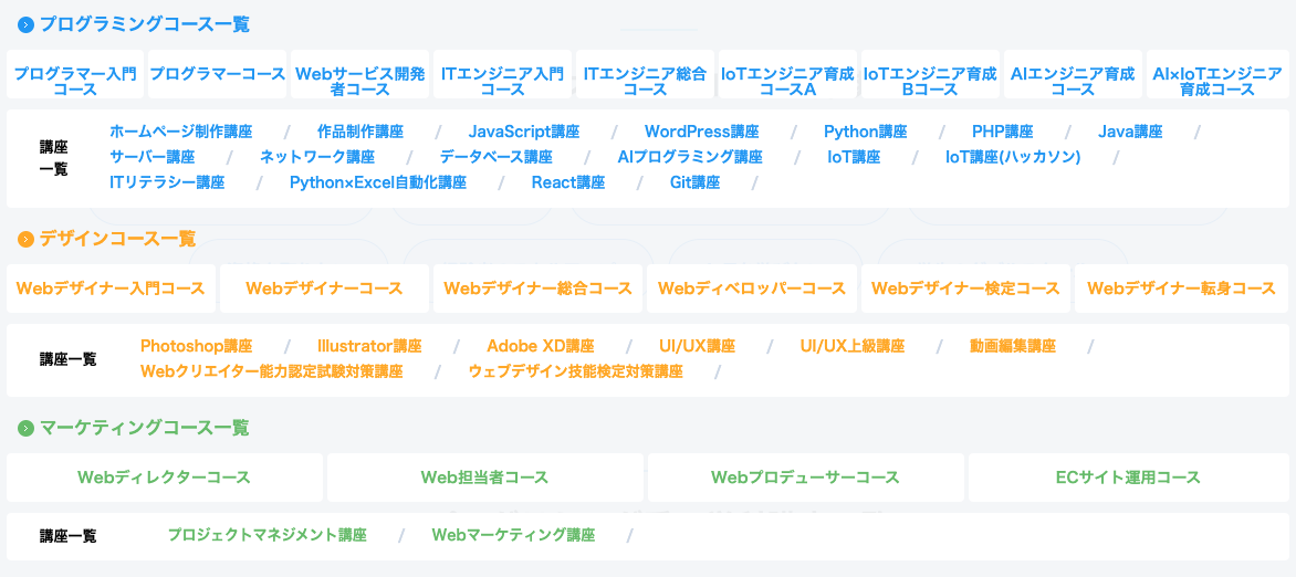 インターネットアカデミーのコース一覧